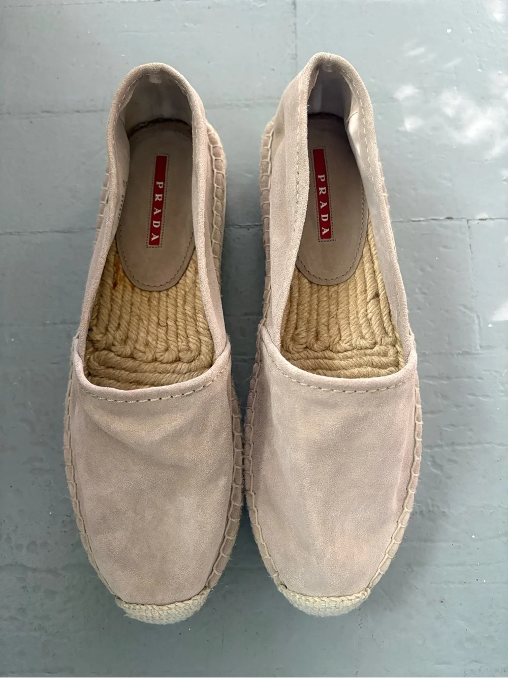 NWOB Vintage PRADA Women’s Beige Suede Espadrille Slip-On, Silk Dust Bag, EU 40